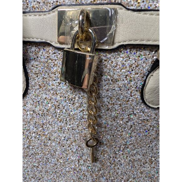 Aldo Cream & Gold Glitter Sparkly Handbag Purse With Lock And Key - Picture 2 of 12